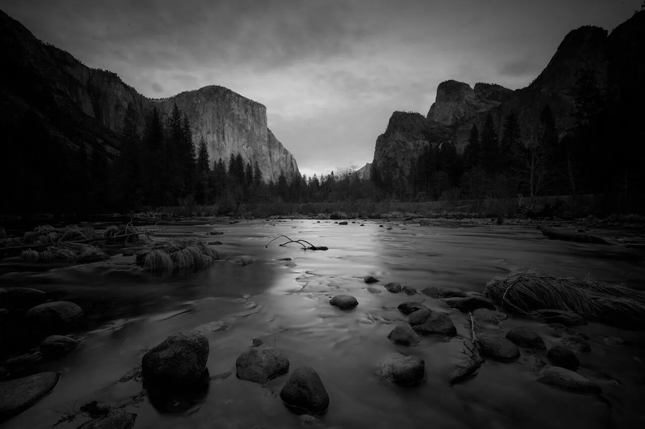 Yosemite Valley at dusk, with El Capitan and the Merced River